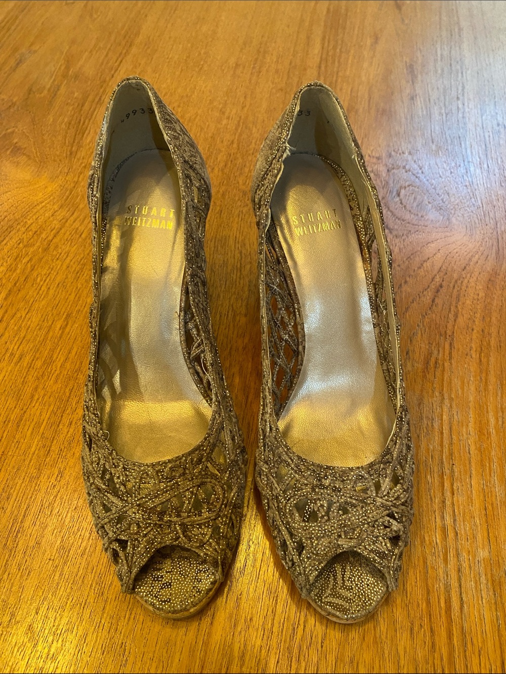 Stuart Weitzman Gold Peep-Toe Heels
